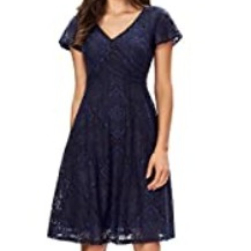 Noctflos Women's Lace V-Neck Flare Dress , Size M Navy Blue/Black